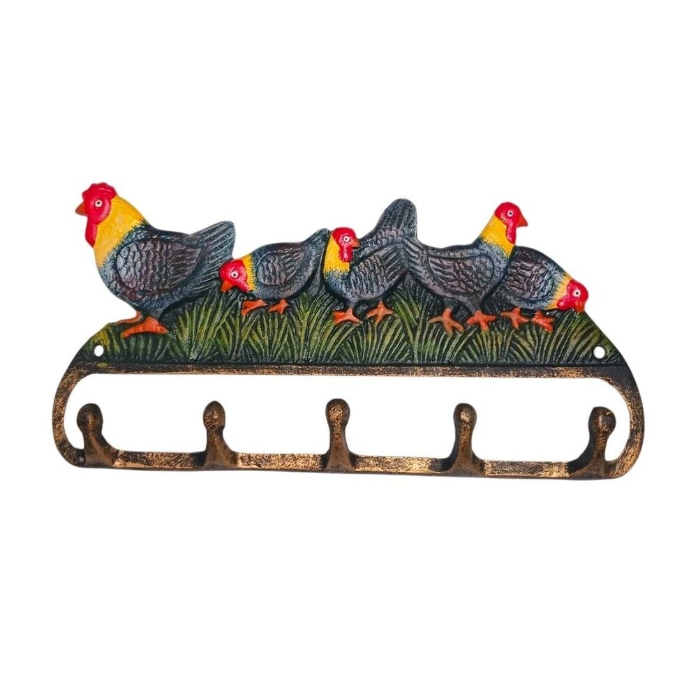 Vintage Cast Iron Hand Painted Hen & Chicks Key Holder Wall Hanging Cottagecore